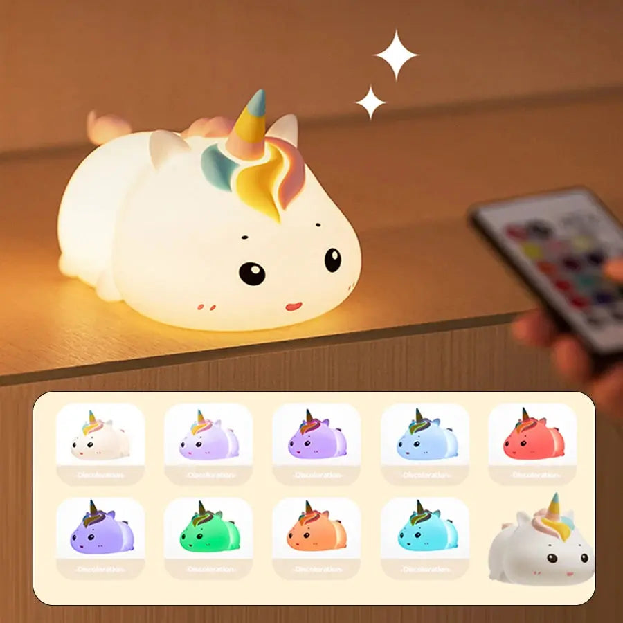 Rechargeable Silicone Patting Lamp Unicorn LED Night Lamp with Remote Control Dimmable Bedside Bedroom Mood Light Creative Gift