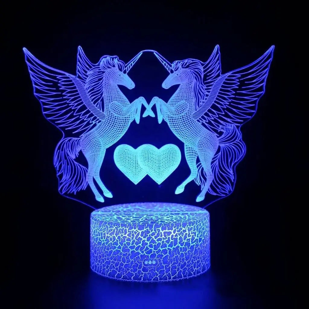 Veilleuse licorne 3D LED éclairant une chambre d’enfant